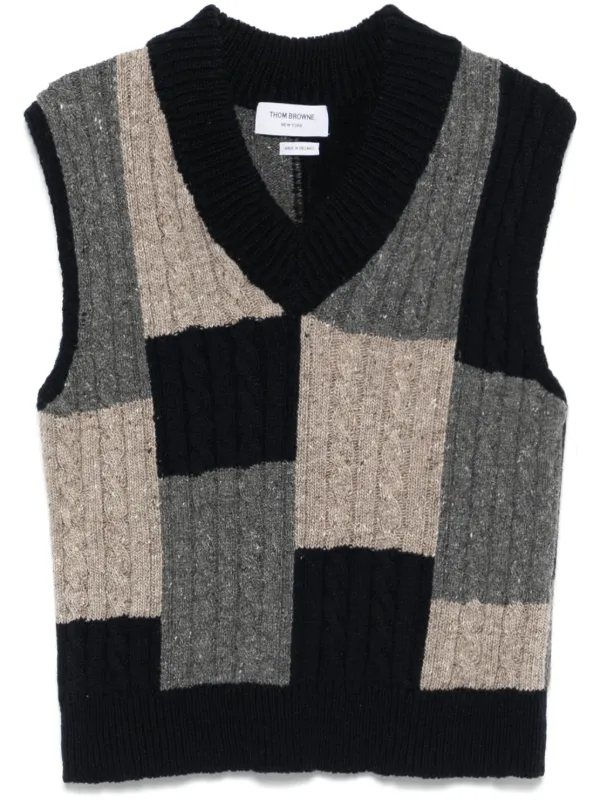 最終値下げ 美品 トムブラウン Thom Browne ケーブルニットベスト Thom Browne パッチワーク ケーブルニットベスト | ブルー | FARFETCH JP