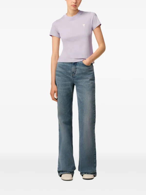 【関税込み】AMI Paris パープル コットン クロップド Tシャツ ブルーコットン キャンプカラー ショートスリーブ シャツ 1041