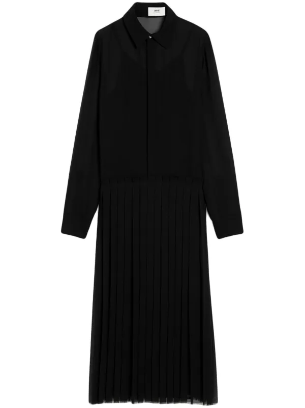 Ami Paris Pleated Maxi Dress in Black