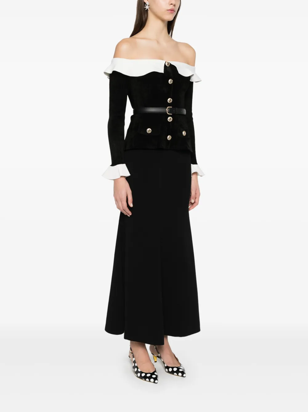 Self-Portrait Off-shoulder chenille midi-jurk Zwart