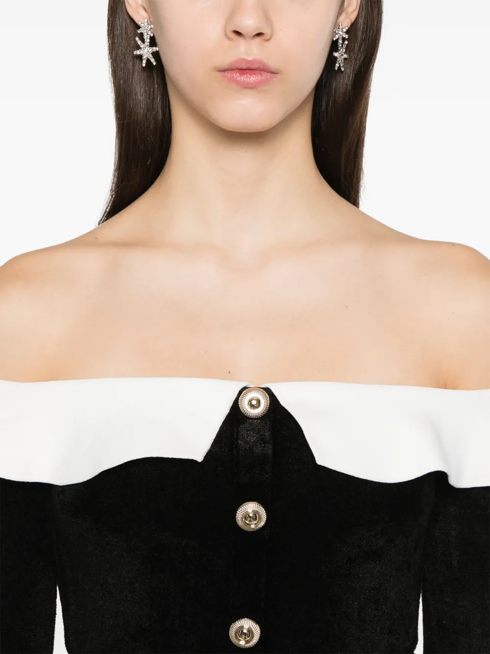 Self-Portrait Off-shoulder chenille midi-jurk Zwart