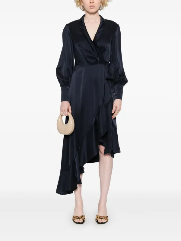 zimmermann silk wrap dress blue Zimmermann Blue Asymmetric Ruffled Silk Satin Midi Wrap Dress AU3/US10
