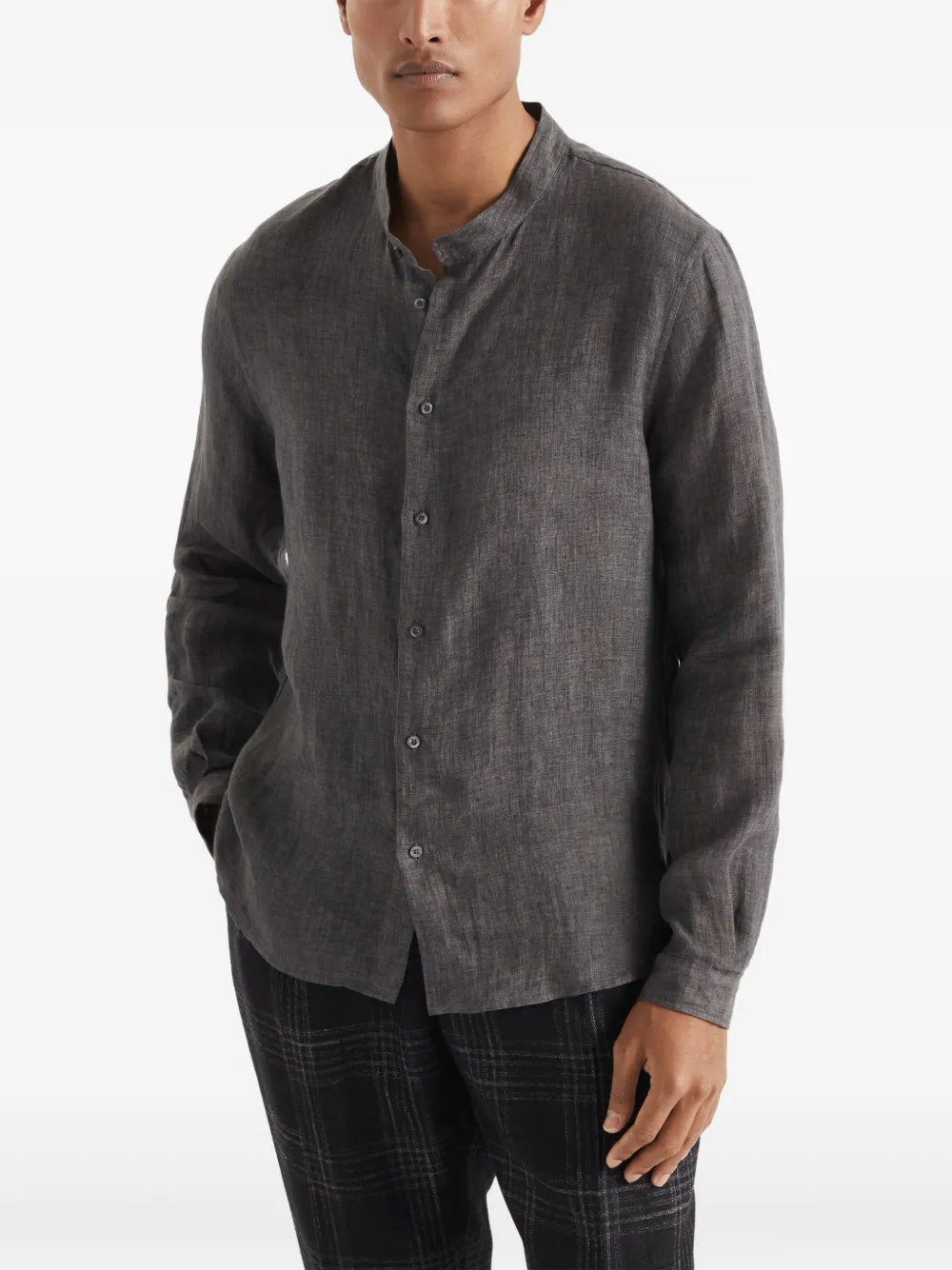 Brunello Cucinelli Eco linnen overhemd met bandkraag Grijs
