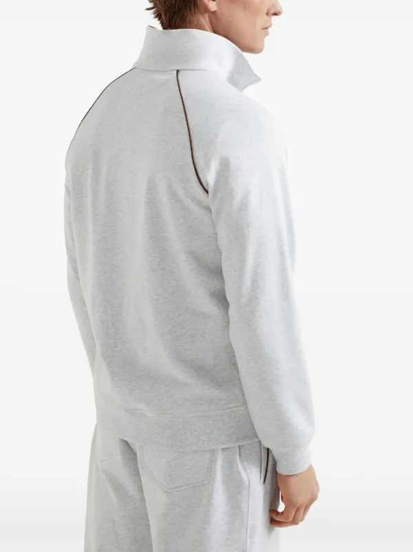 【関税&送料込】Brunello Cucinelli Light Grey Sweatshirt In BRUNELLO CUCINELLI Logo-Embroidered Ribbed Cotton Zip-Up