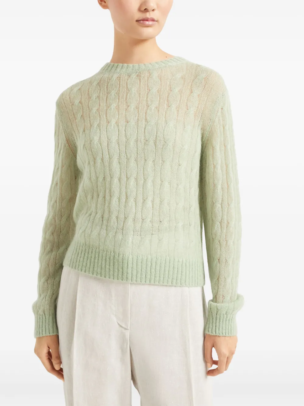 Brunello Cucinelli Mohair-blend Cable-knit Sweater In Green