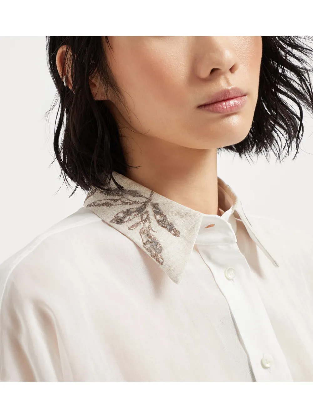 Brunello Cucinelli Women Organza Cotton Shirt With Embroidery In White