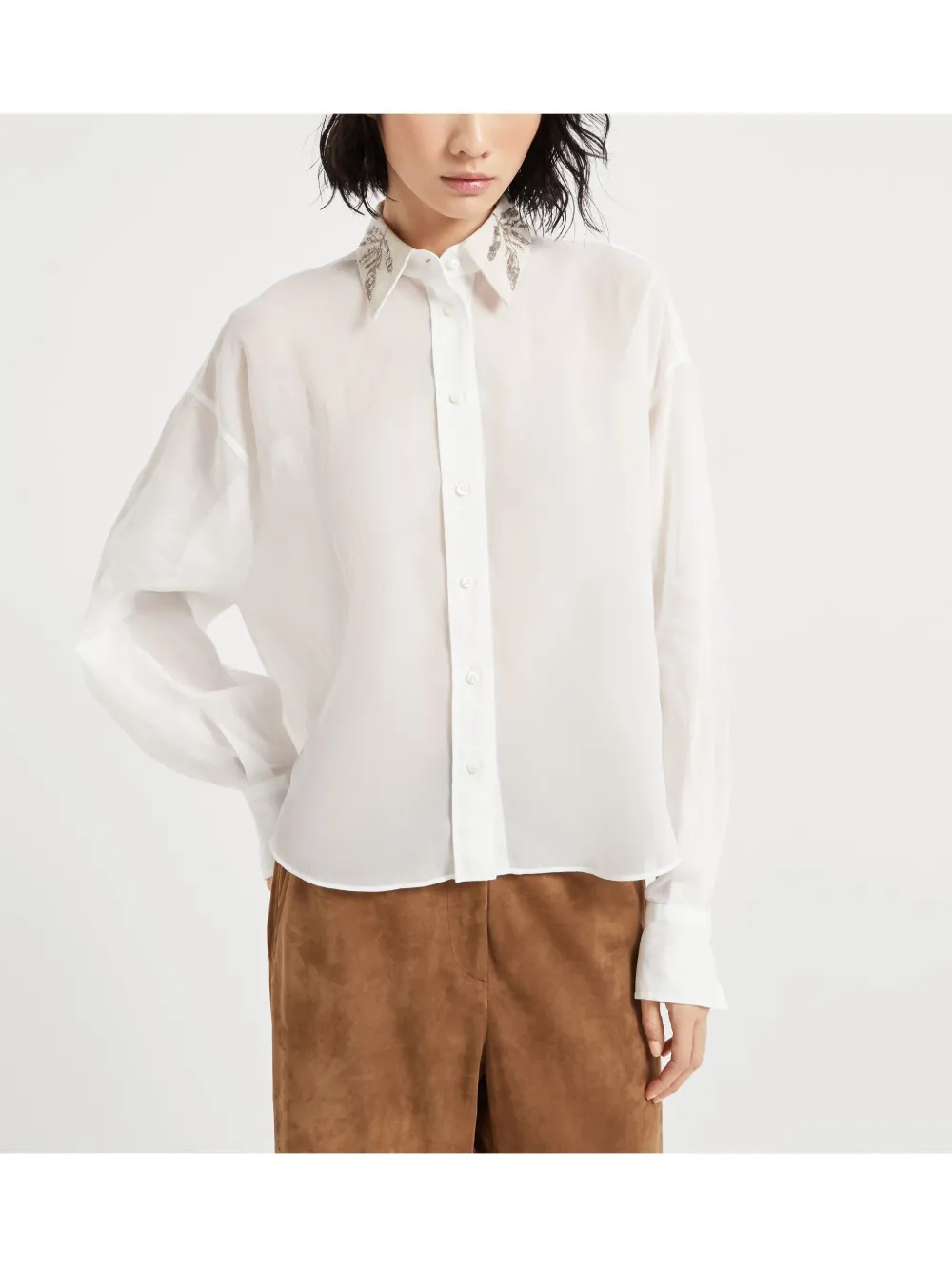 Brunello Cucinelli Women Organza Cotton Shirt With Embroidery In White
