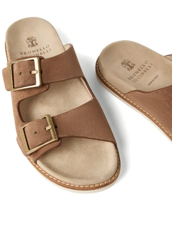 Brunello Cucinelli Buckled Suede Slides | Brown | FARFETCH