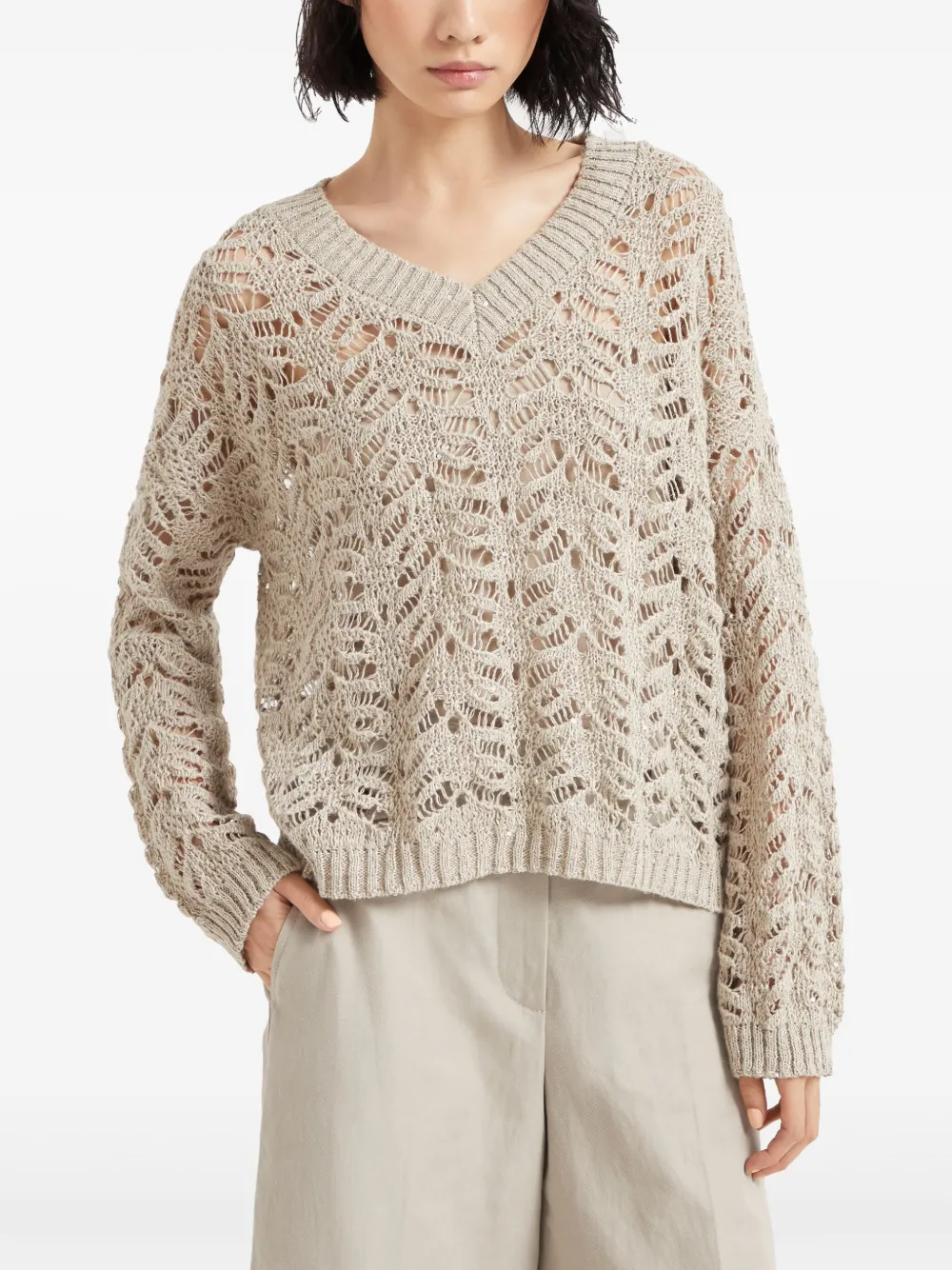 Brunello Cucinelli Light Beige Foliage Lace Sweater In Neutrals