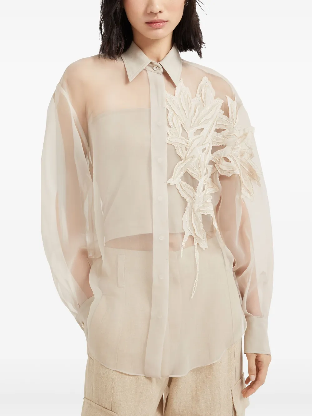 Brunello Cucinelli Blouse met Flora-applicatie Beige