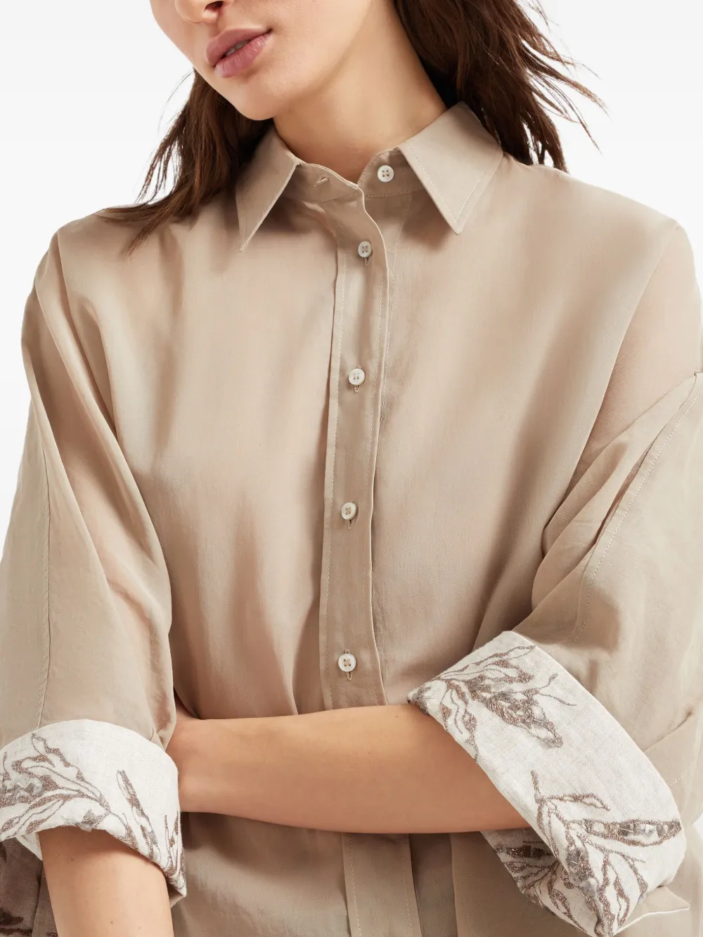Brunello Cucinelli Women Cotton Organza Shirt With Glistening Flora Embroidery In Neutrals