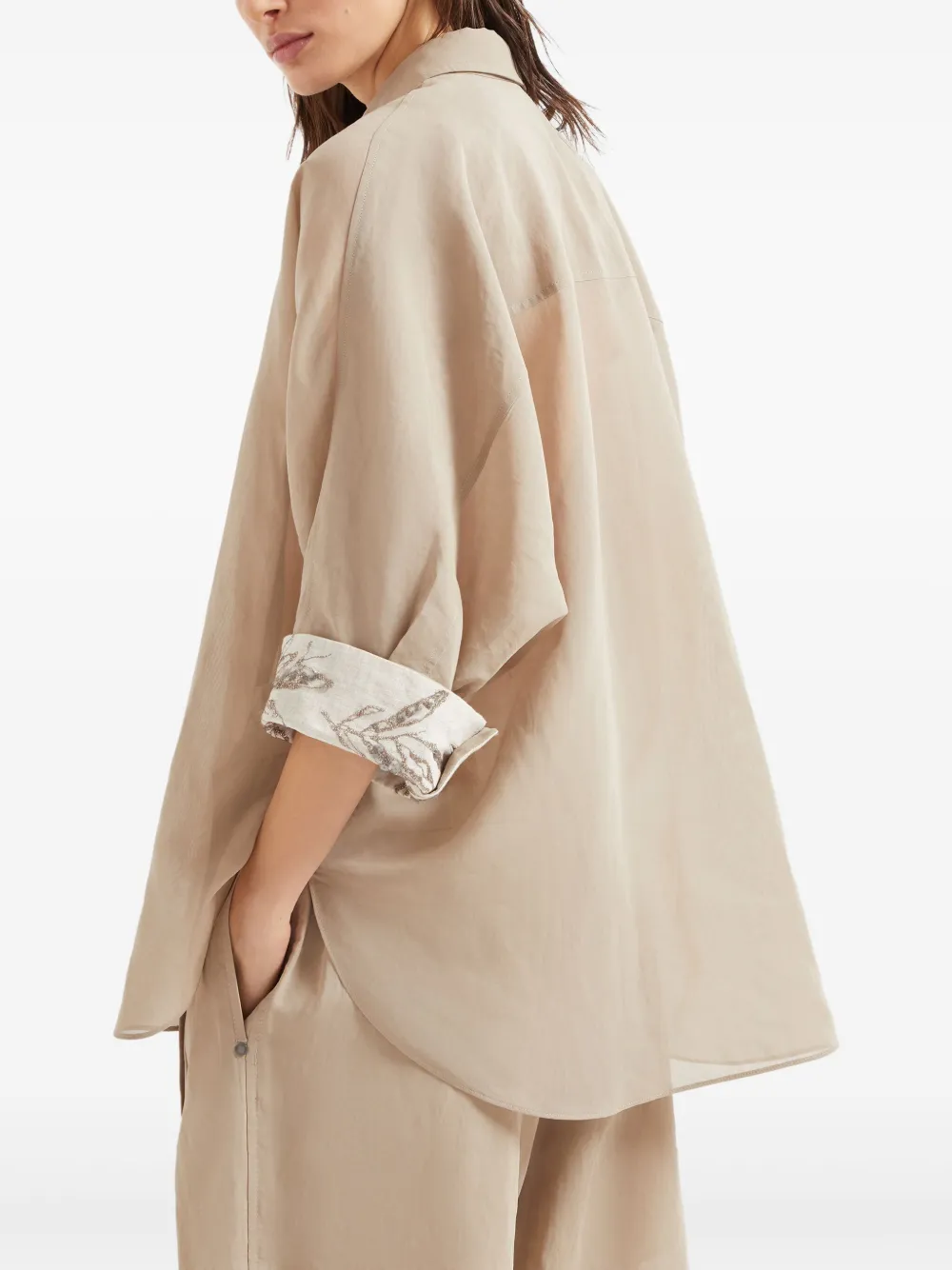 Brunello Cucinelli Women Cotton Organza Shirt With Glistening Flora Embroidery In Neutrals