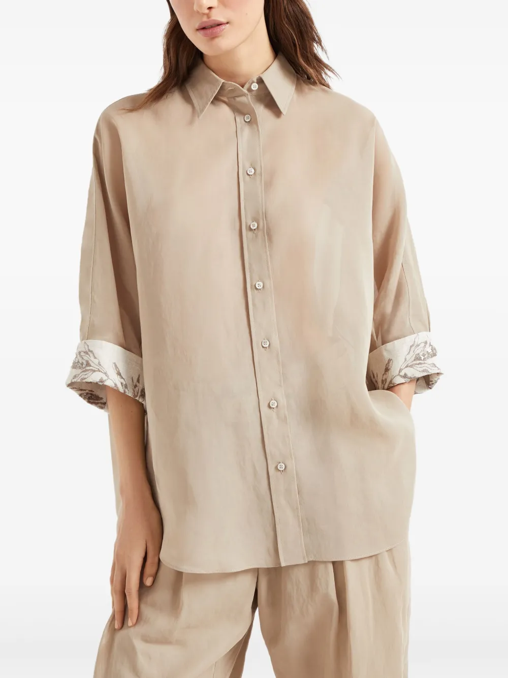 Brunello Cucinelli Women Cotton Organza Shirt With Glistening Flora Embroidery In Neutrals