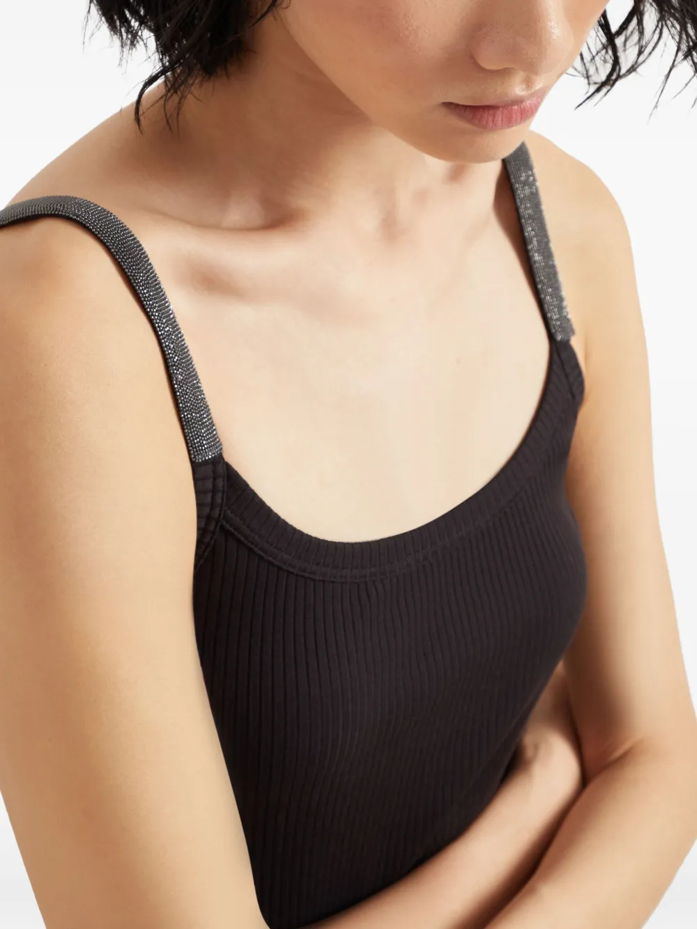 Brunello Cucinelli Stretch Cotton Ribbed Jersey Top With Precious Straps In Black
