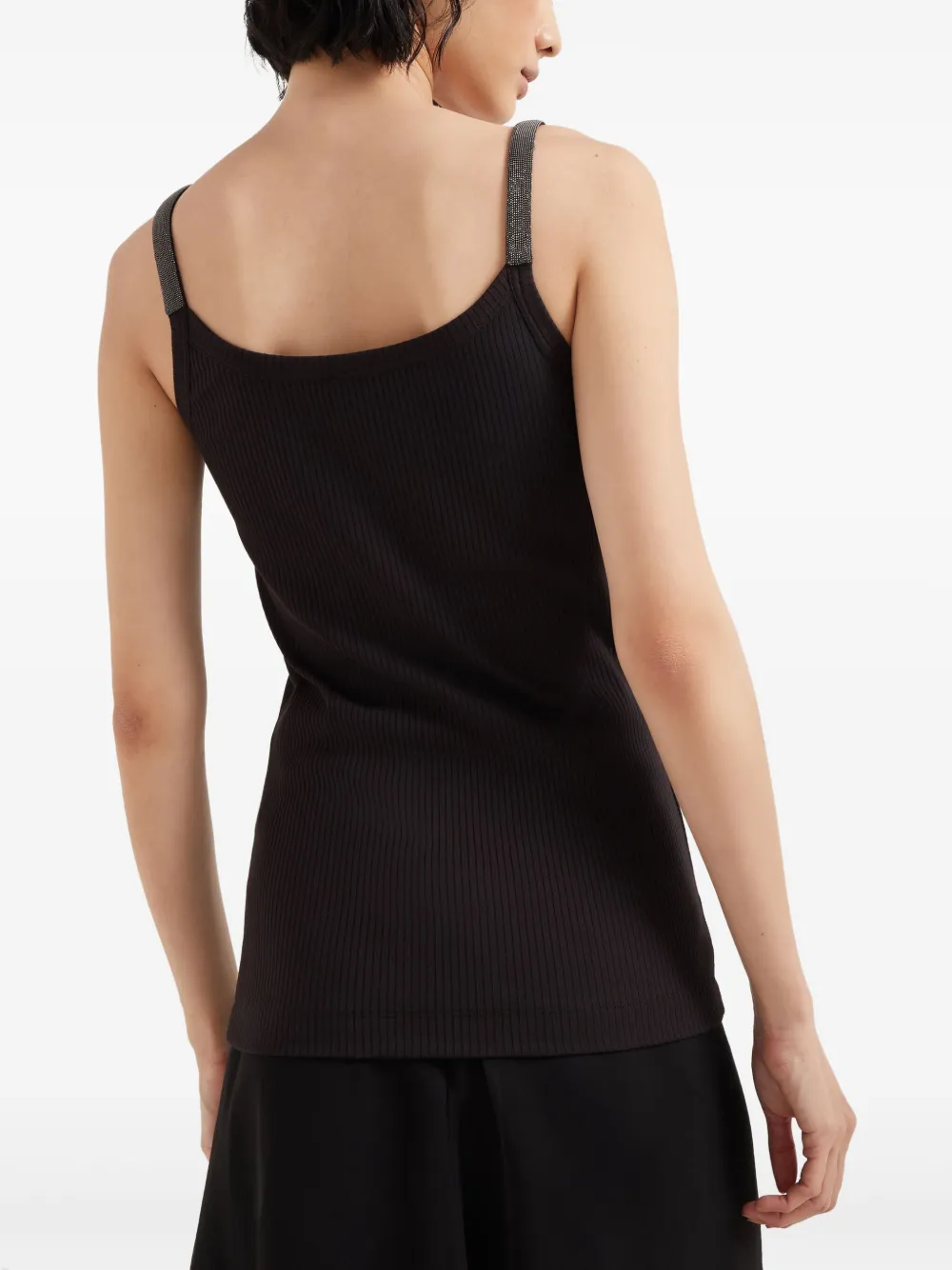 Brunello Cucinelli Stretch Cotton Ribbed Jersey Top With Precious Straps In Black