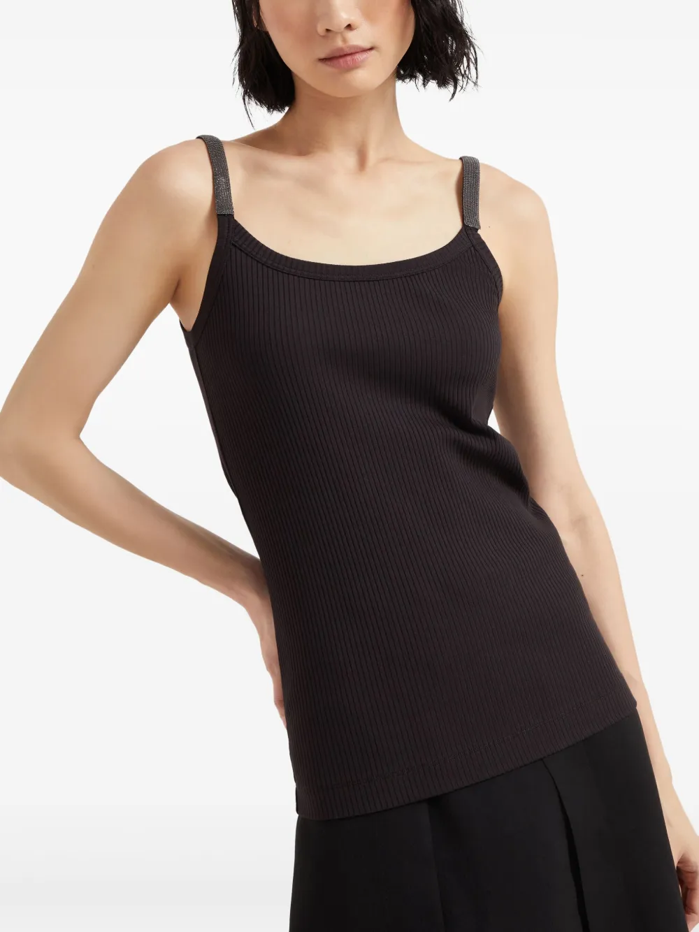 Brunello Cucinelli Stretch Cotton Ribbed Jersey Top With Precious Straps In Black