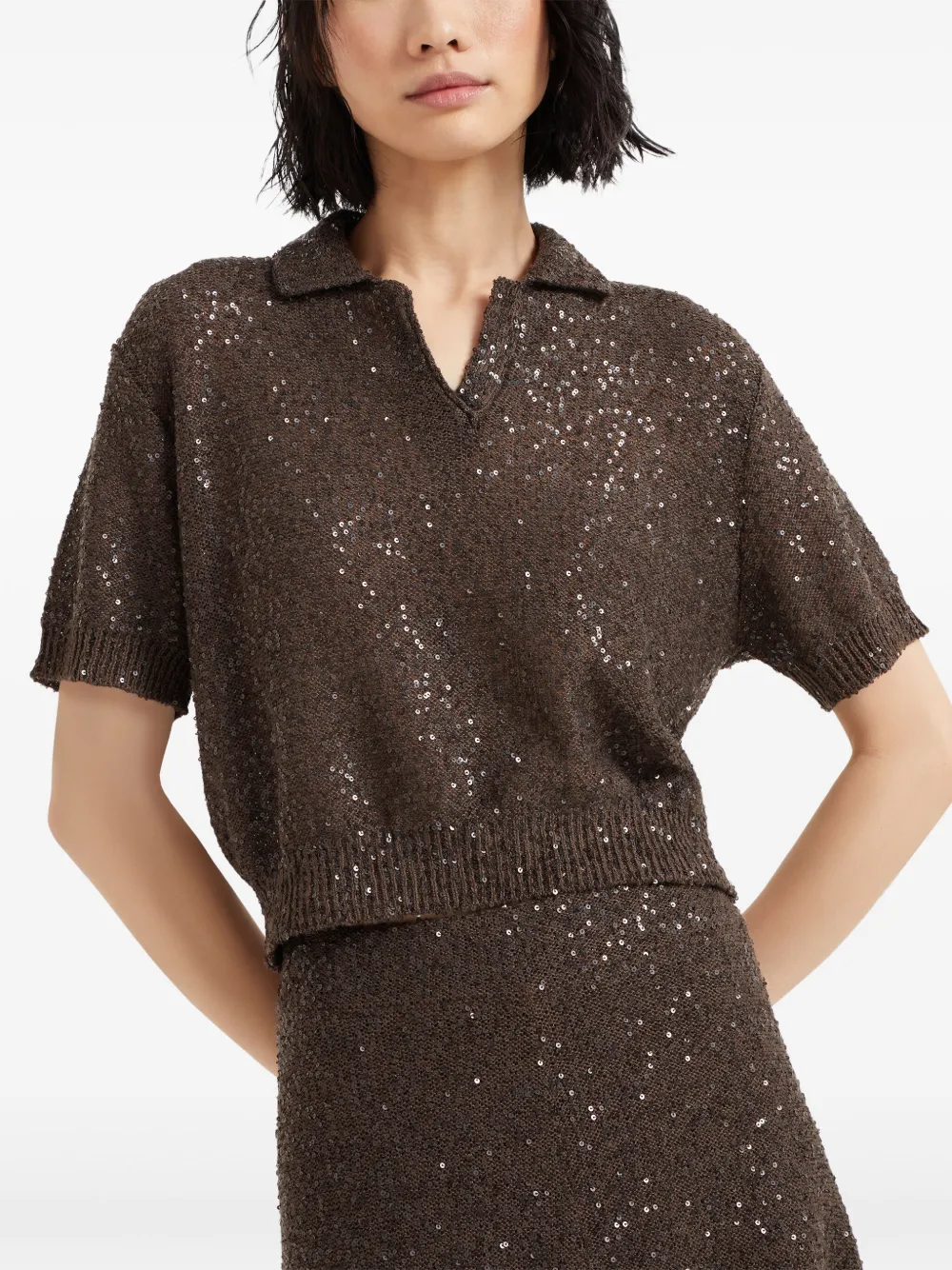 Brunello Cucinelli Sequinned Polo Top In Brown