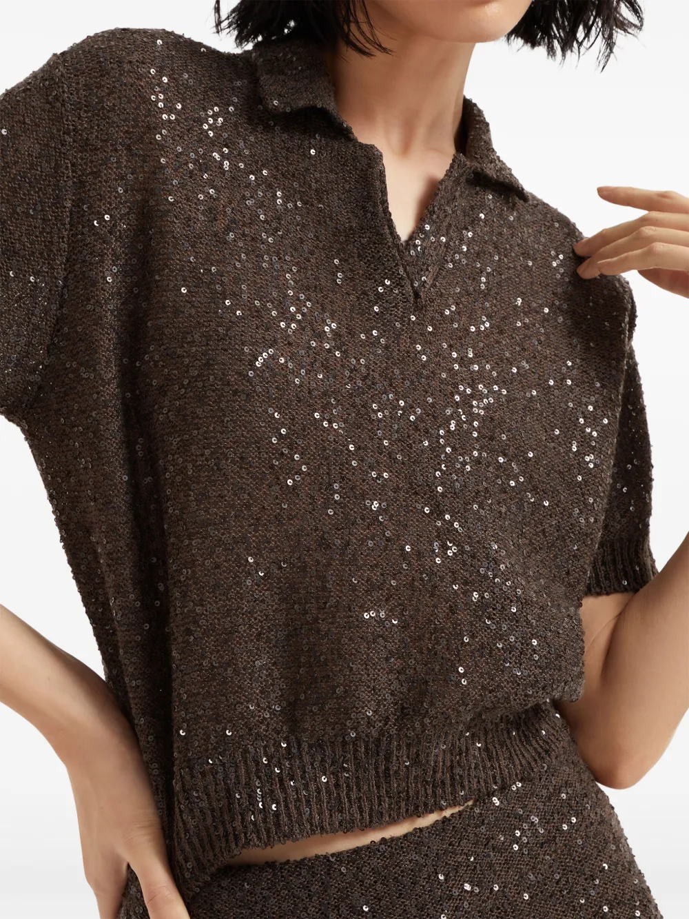 Brunello Cucinelli Sequinned Polo Top In Brown