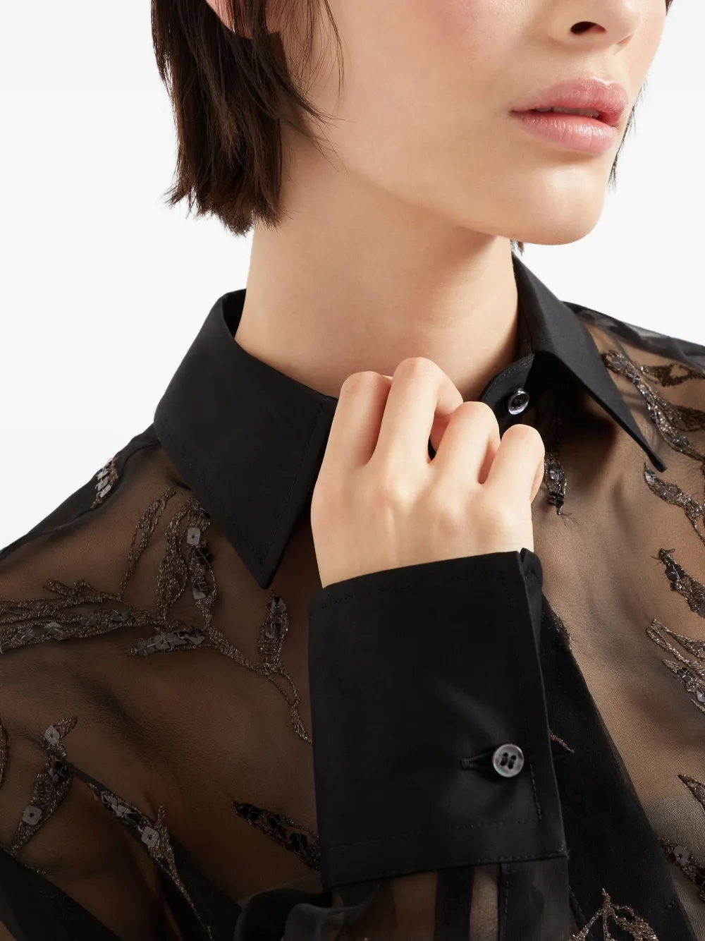 Shop Brunello Cucinelli Flora Embroidered Silk Shirt In Black