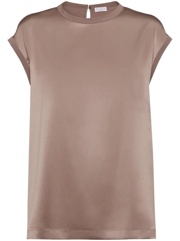 Brunello Cucinelli Monili-embellished Satin T-shirt in Neutrals
