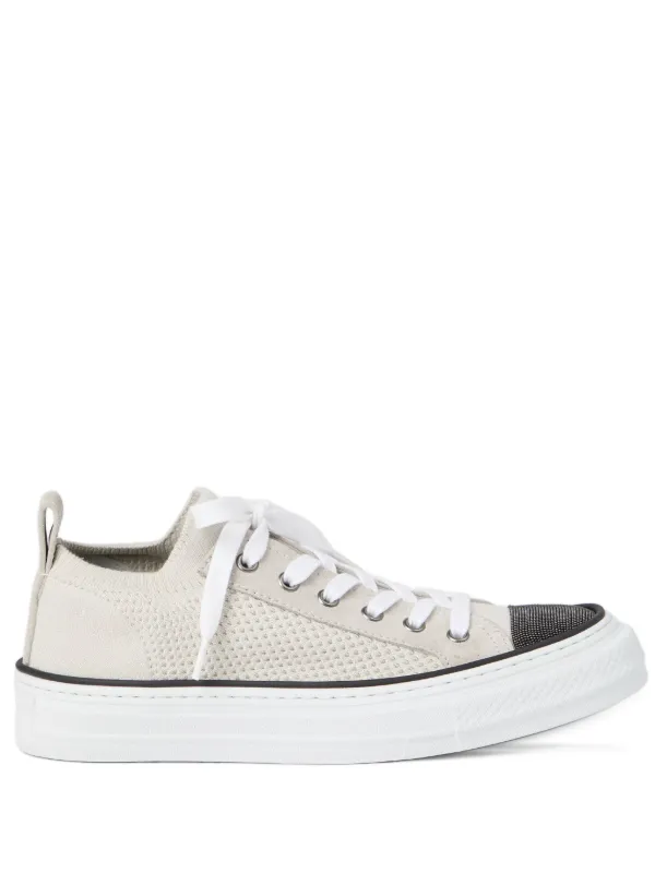 Brunello Cucinelli Cotton Knit and Suede Sneakers with Precious Toe in Neutrals