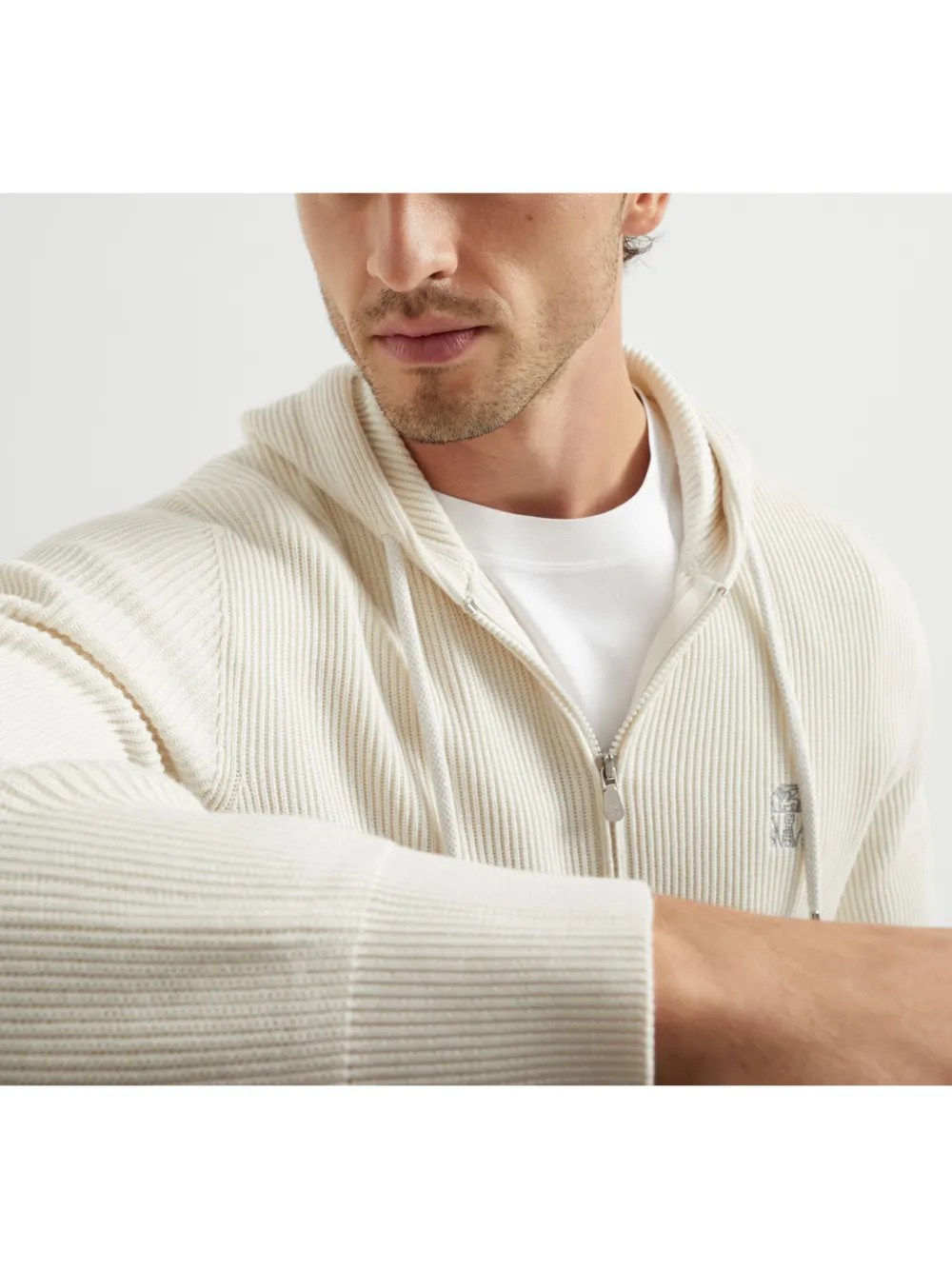 Brunello Cucinelli Ribgebreide hoodie Beige