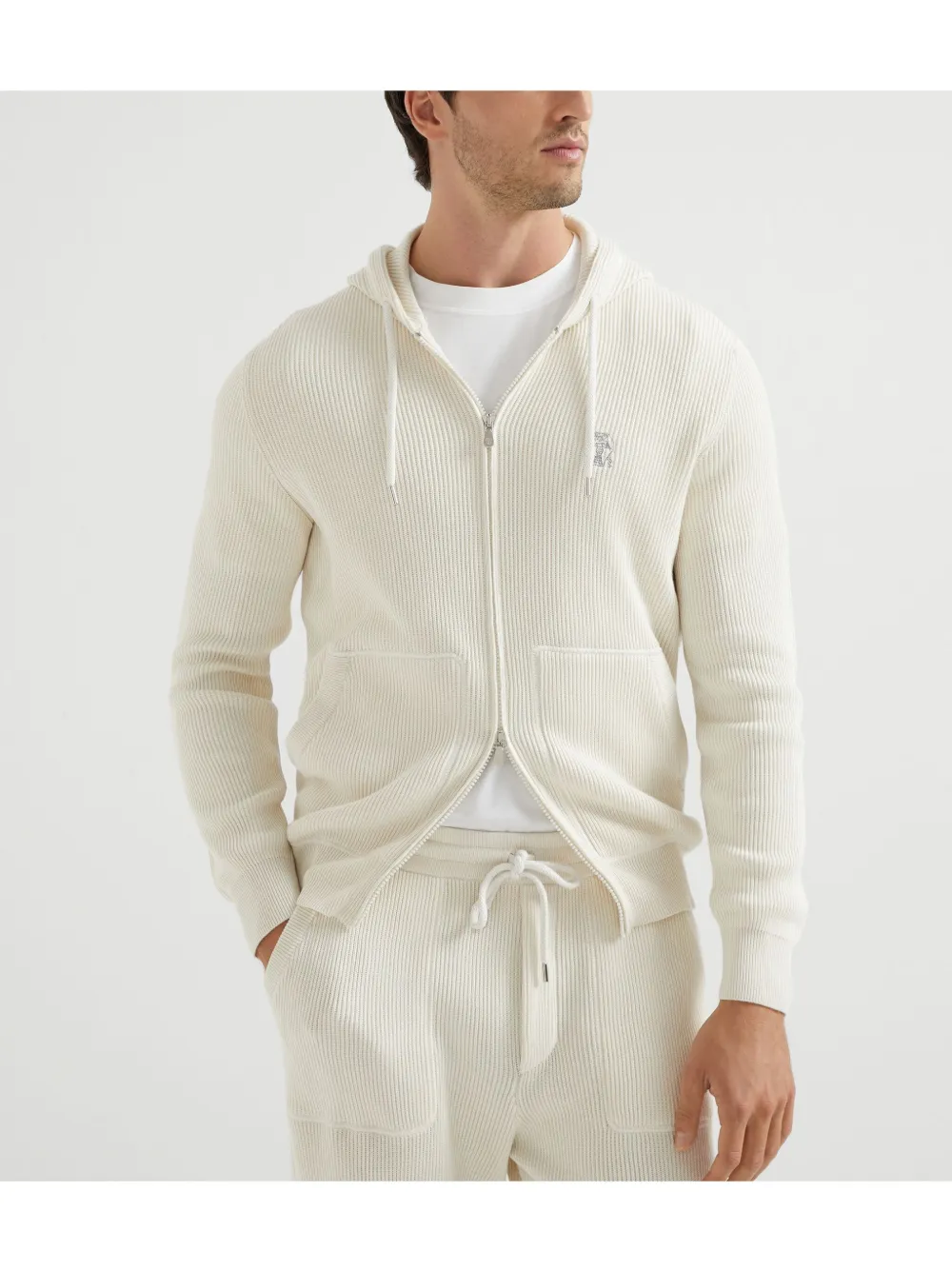 Brunello Cucinelli Ribgebreide hoodie Beige