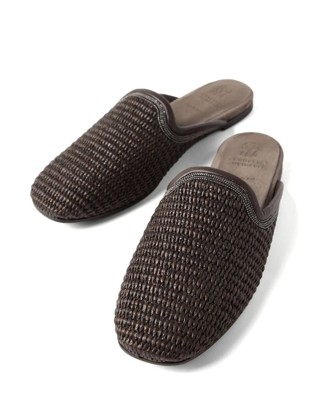 Brunello Cucinelli Verfraaide Monili raffia slippers Bruin