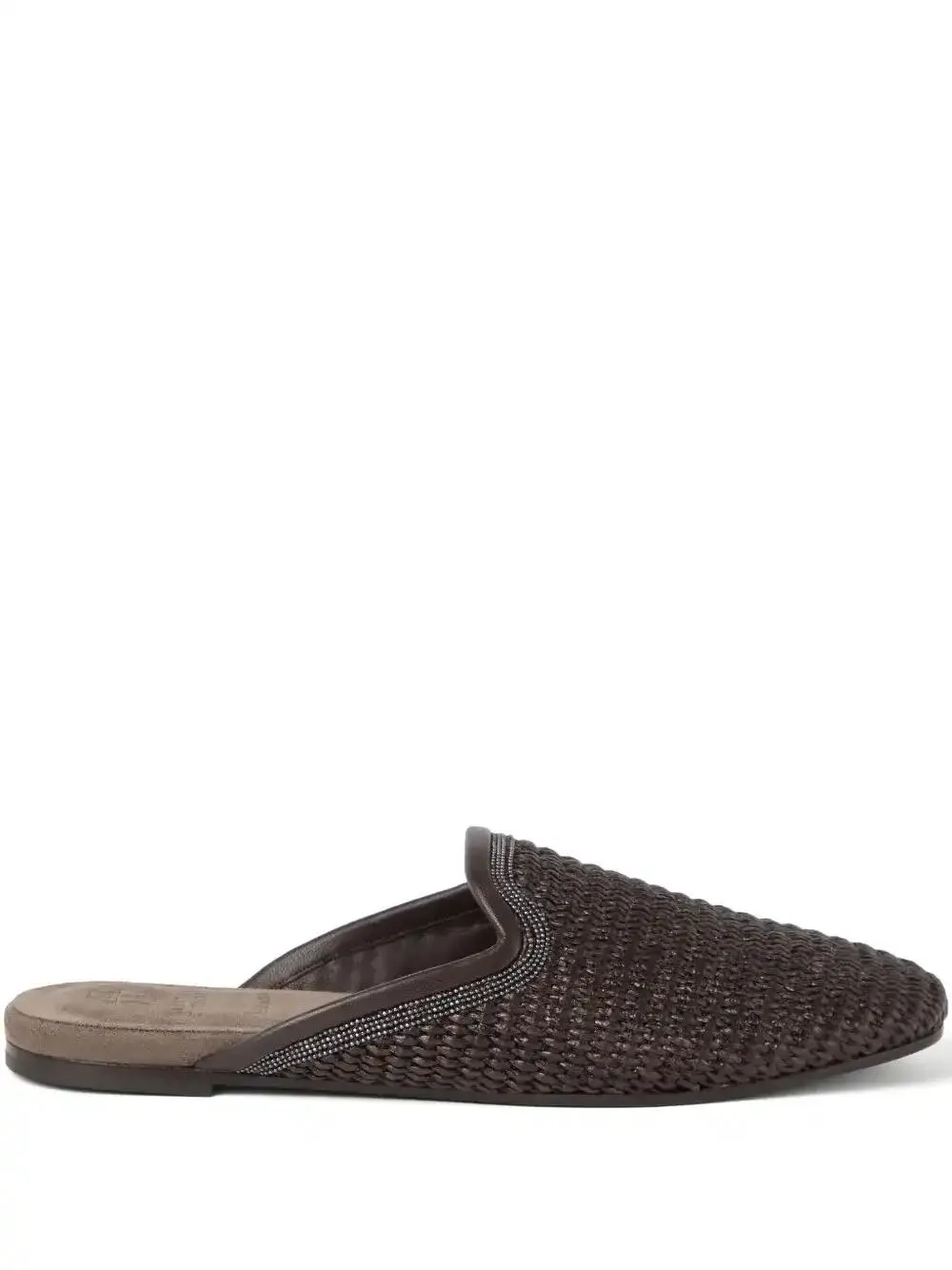 Monili-embellished raffia slippers
