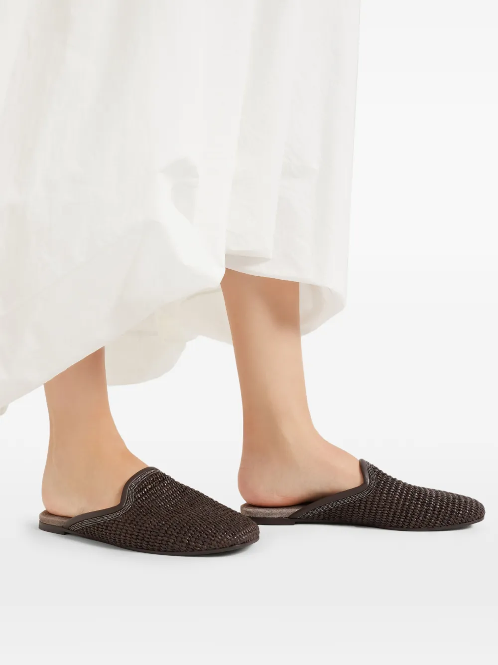 Brunello Cucinelli Verfraaide Monili raffia slippers Bruin