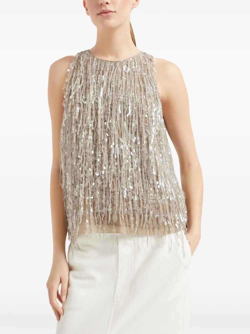 Brunello Cucinelli Zijden top met geborduurde waterval Beige