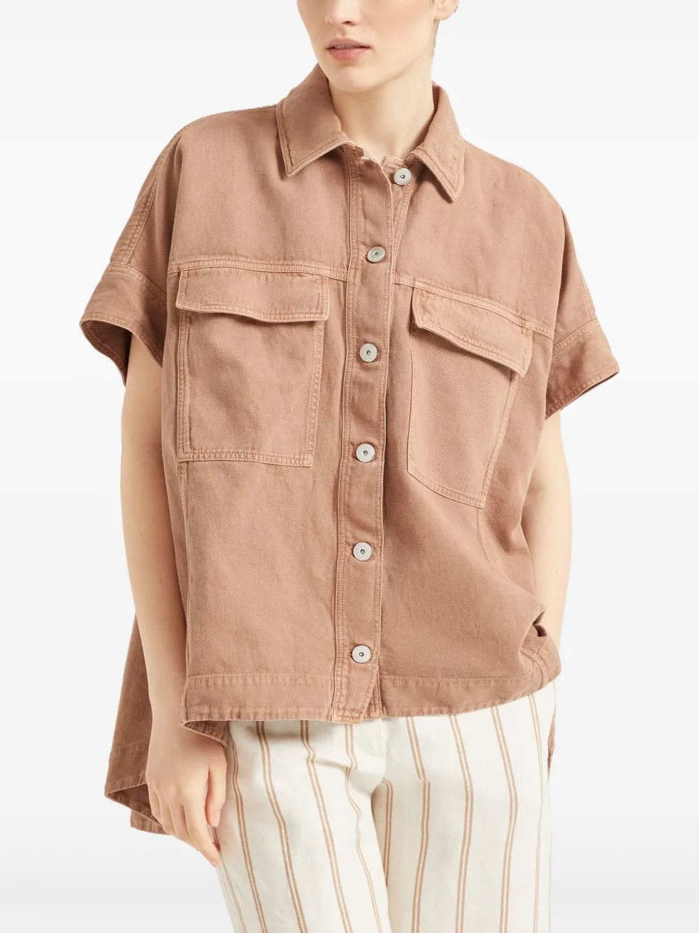 Brunello Cucinelli Oversize Shirt In Beige Denim With Pockets In Brown