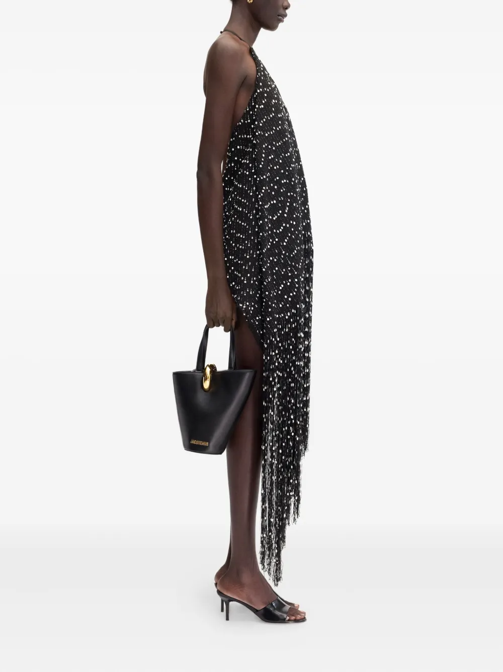 Jacquemus Riviera Halter-neck Fringe Asymmetric Dress In Black
