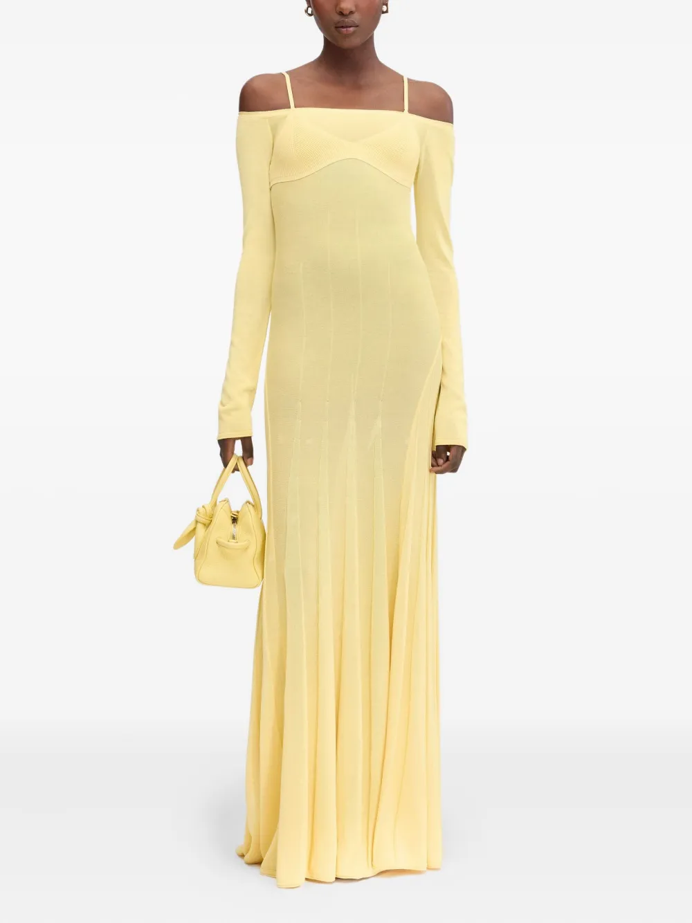 Jacquemus Valensole off-shoulder ribgebreide maxi-jurk Geel