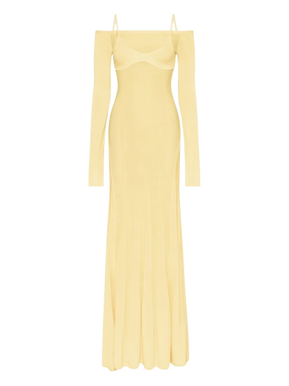Jacquemus Valensole off-shoulder ribgebreide maxi-jurk Geel