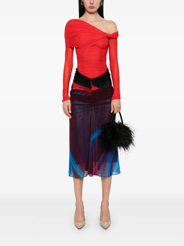 Mugler off-shoulder Ruched Bodysuit | Red | FARFETCH