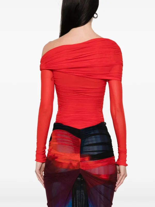 【関税込み】Mugler レッド ルーシュ ボディスーツ Mugler off-shoulder Ruched Bodysuit | Red | FARFETCH