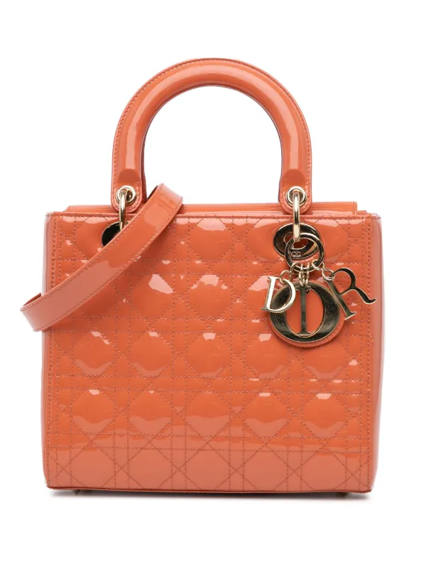 Dior Pre-owned 2019 Medium Patent Cannage Lady Dior Satchel in Orange