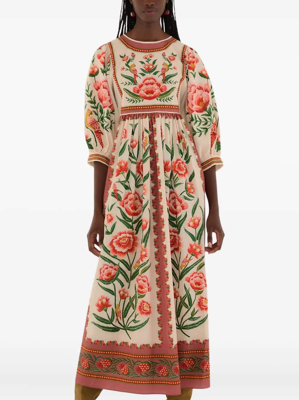 FARM Rio Midi-jurk met pofmouwen Beige