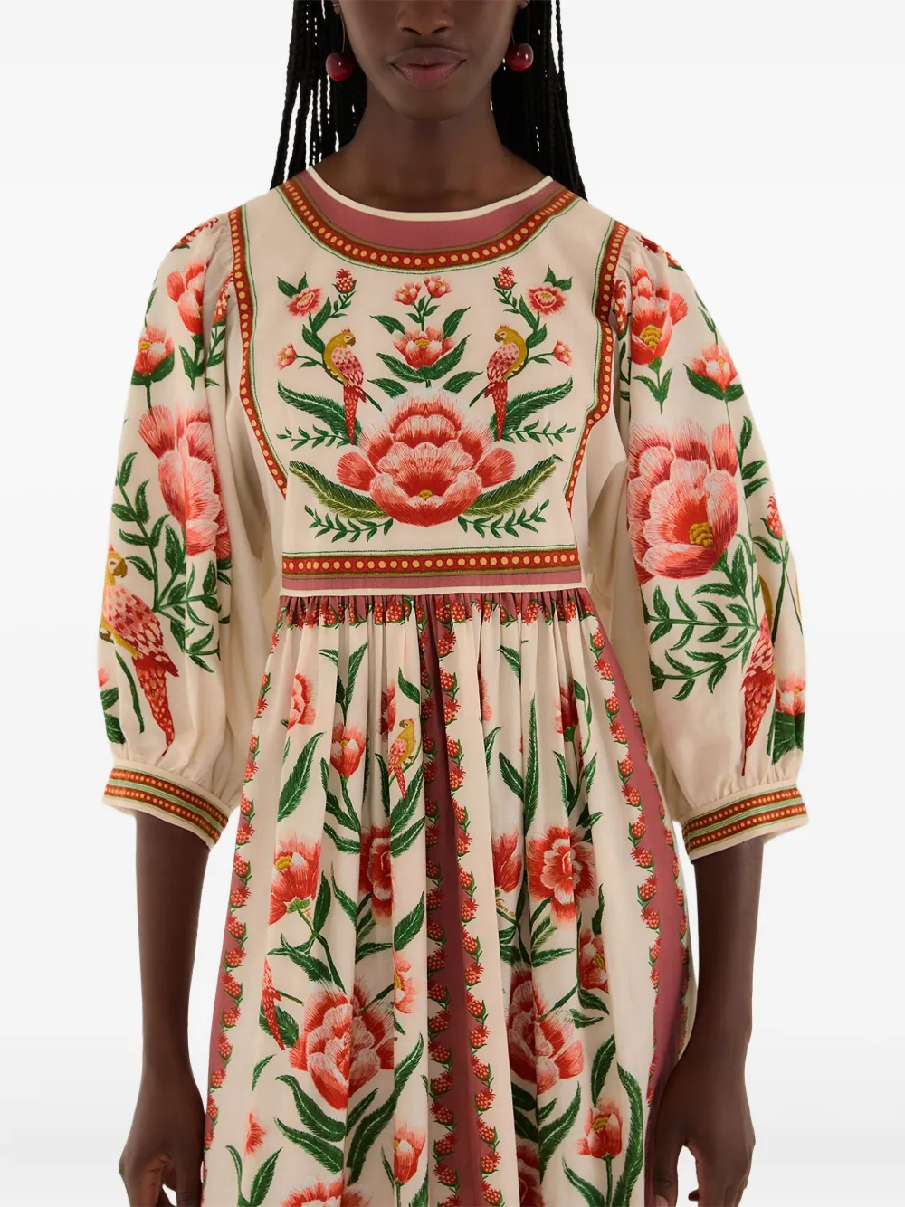 FARM Rio Midi-jurk met pofmouwen Beige