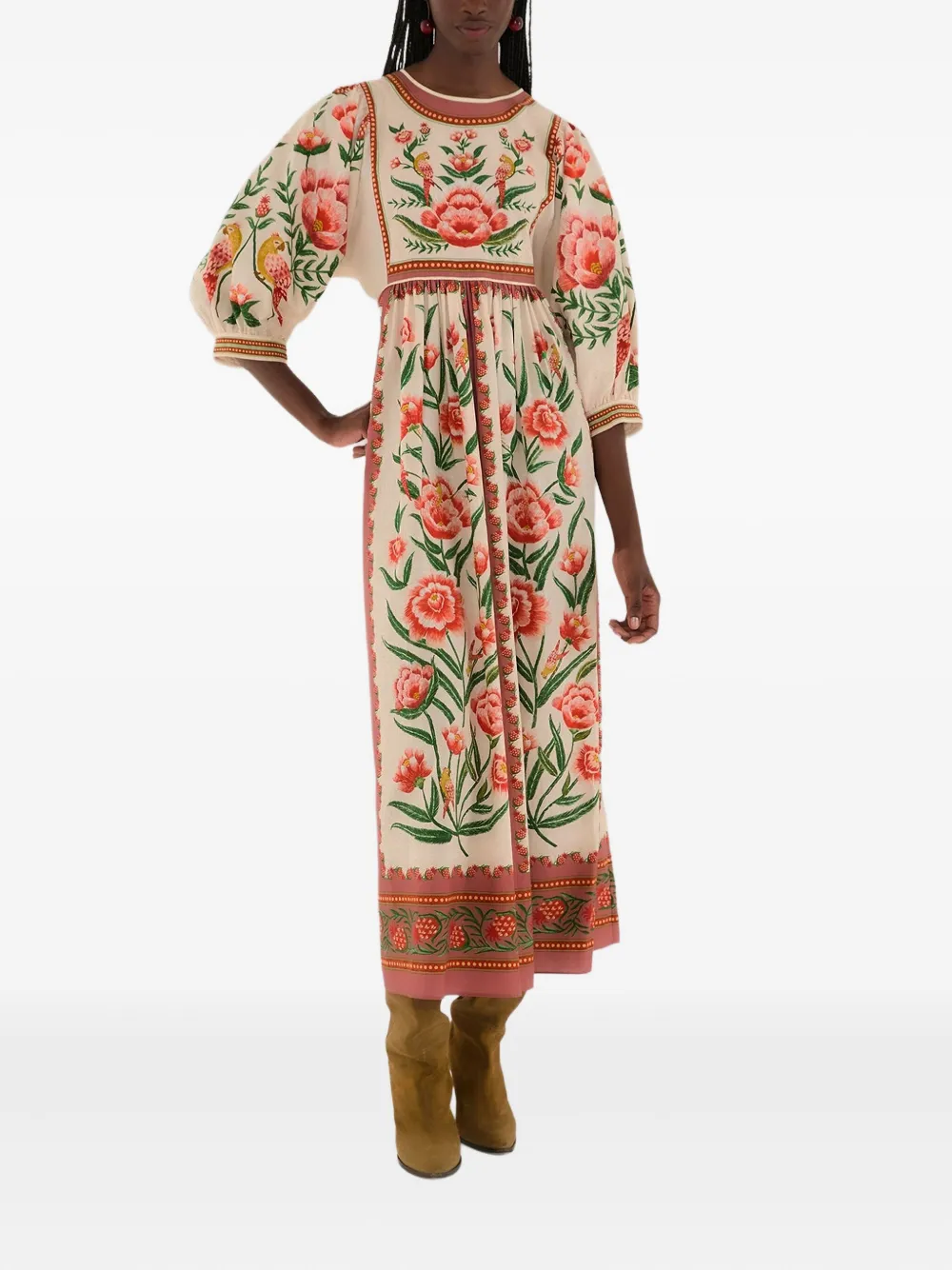 FARM Rio floral-embroidered puff-sleeve midi dress - ニュートラル FARM Rio floral-embroidered puff-sleeve midi dress - ニュートラル