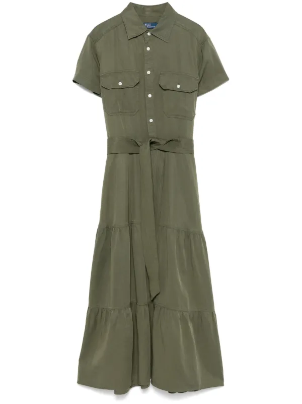 knee length dresses for ladies Payton Poplin V Neck Tiered Midi Dress Green main image 0