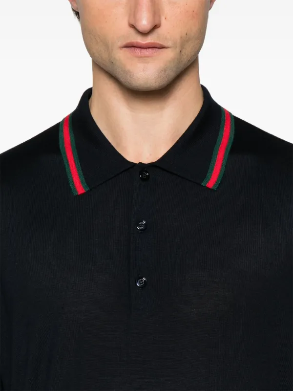 Gucci Web-trim Knitted Polo Shirt | Blue | FARFETCH