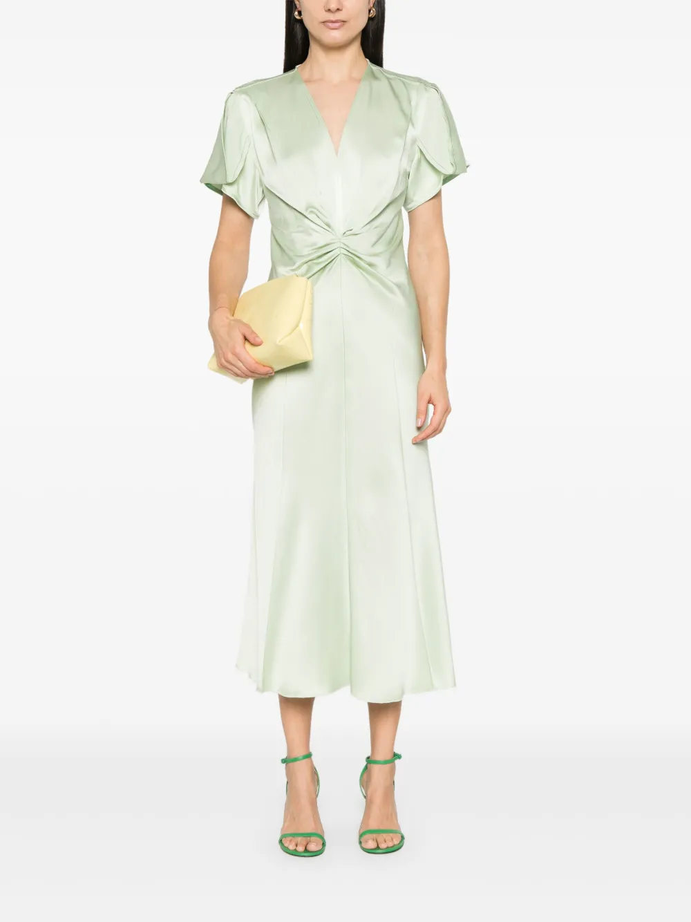 Victoria Beckham Maxi-jurk met gesmockt detail en V-hals - Groen