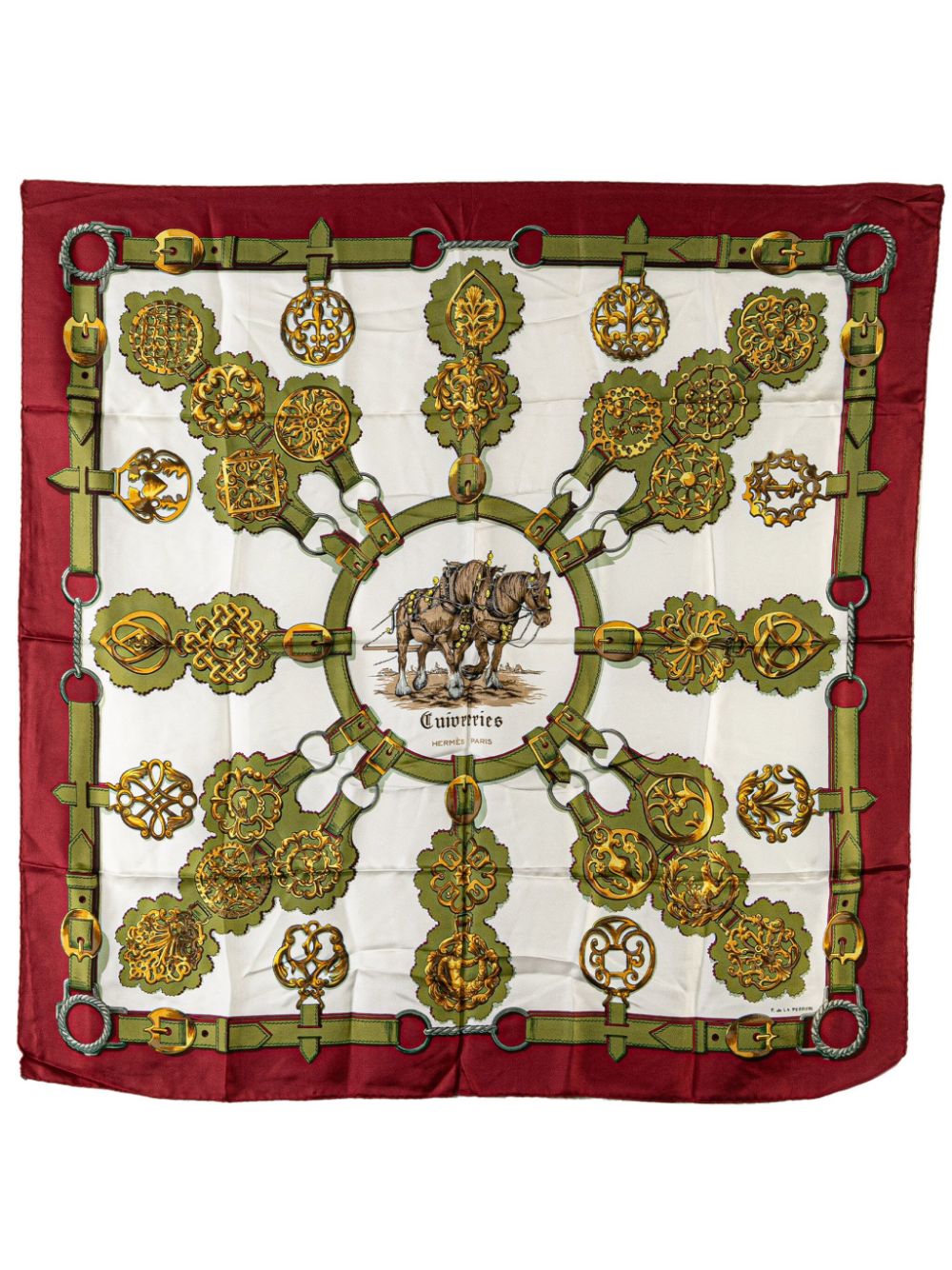 Pre-owned Hermes 20th Century Cuivreries Silk Scarf Scarves In Red