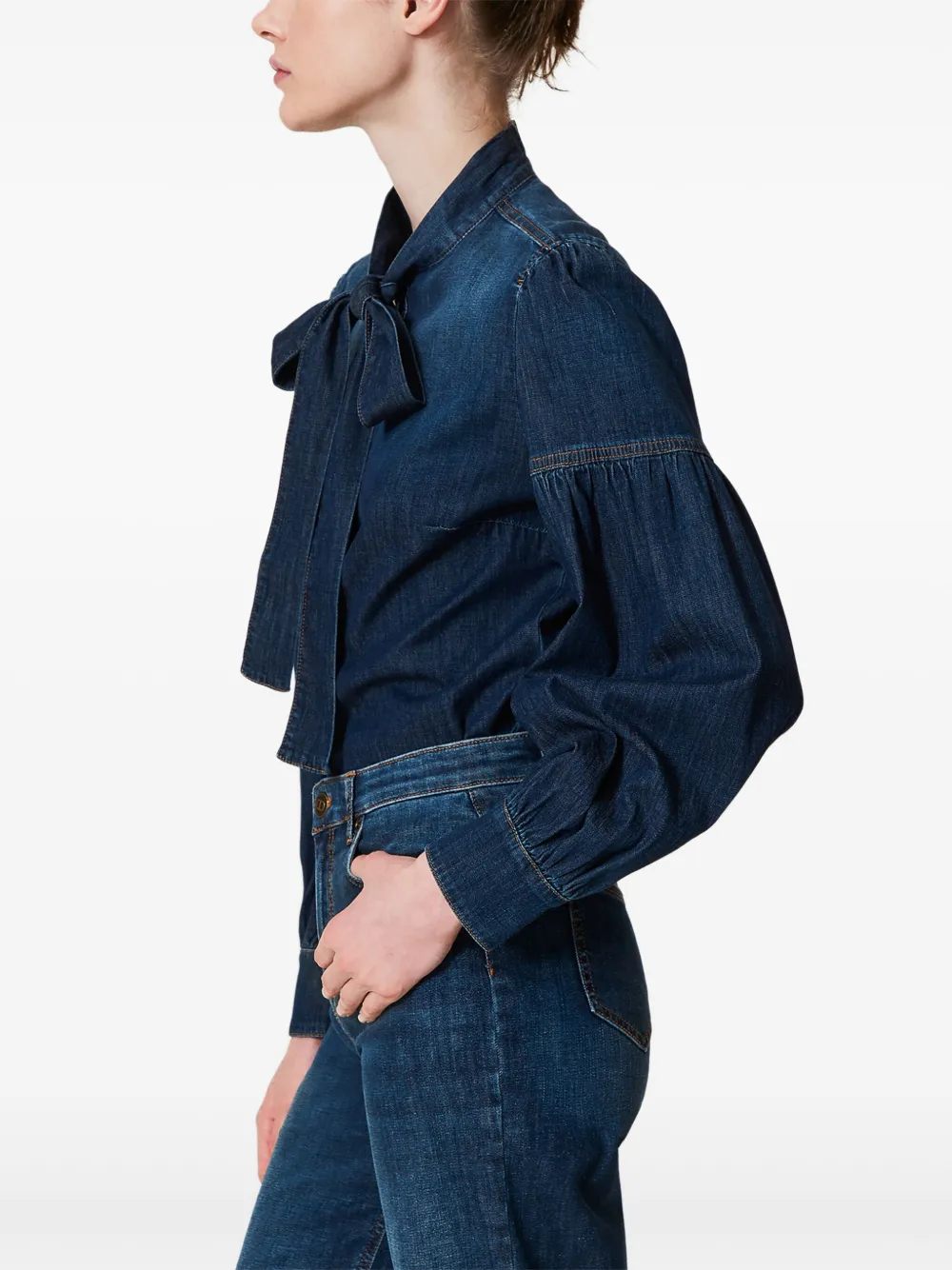 Shop Twinset Pussy-bow Denim Shirt In Blue