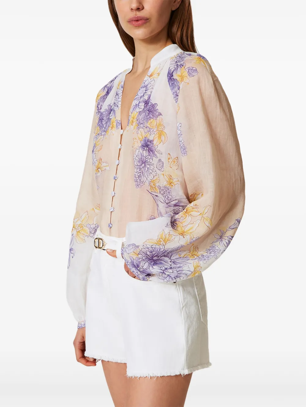 Shop Twinset Floral-print Blouse In Neutrals