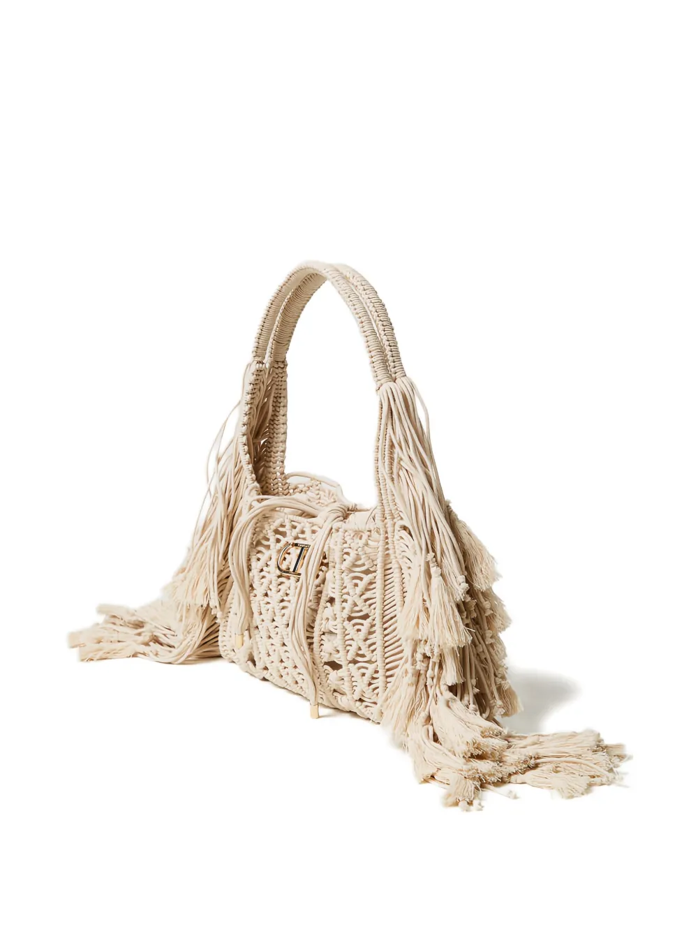 Twinset Fringed Macramé Tote Bag In Neutral