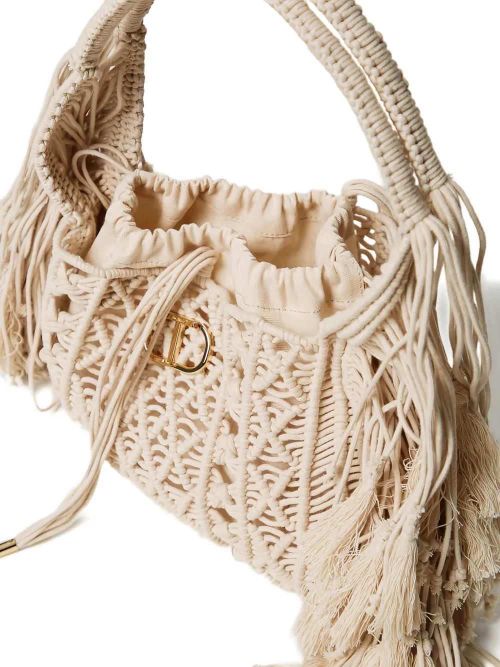 Twinset Fringed Macramé Tote Bag In Neutral
