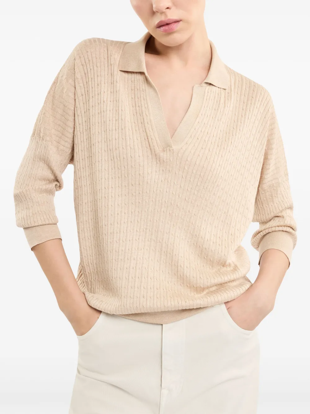 Fay Kabelgebreid poloshirt Beige